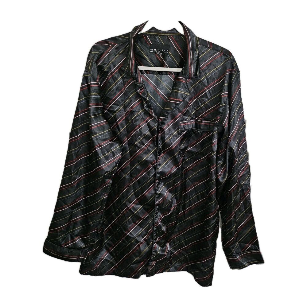 Robert Louis Pajama Shirt Mens Large Black Striped‎ PJ Top Silk Button-Up
